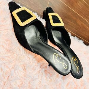 Sam Edelman Black Suede Pointed Slingback Sandals with Gold Buckles